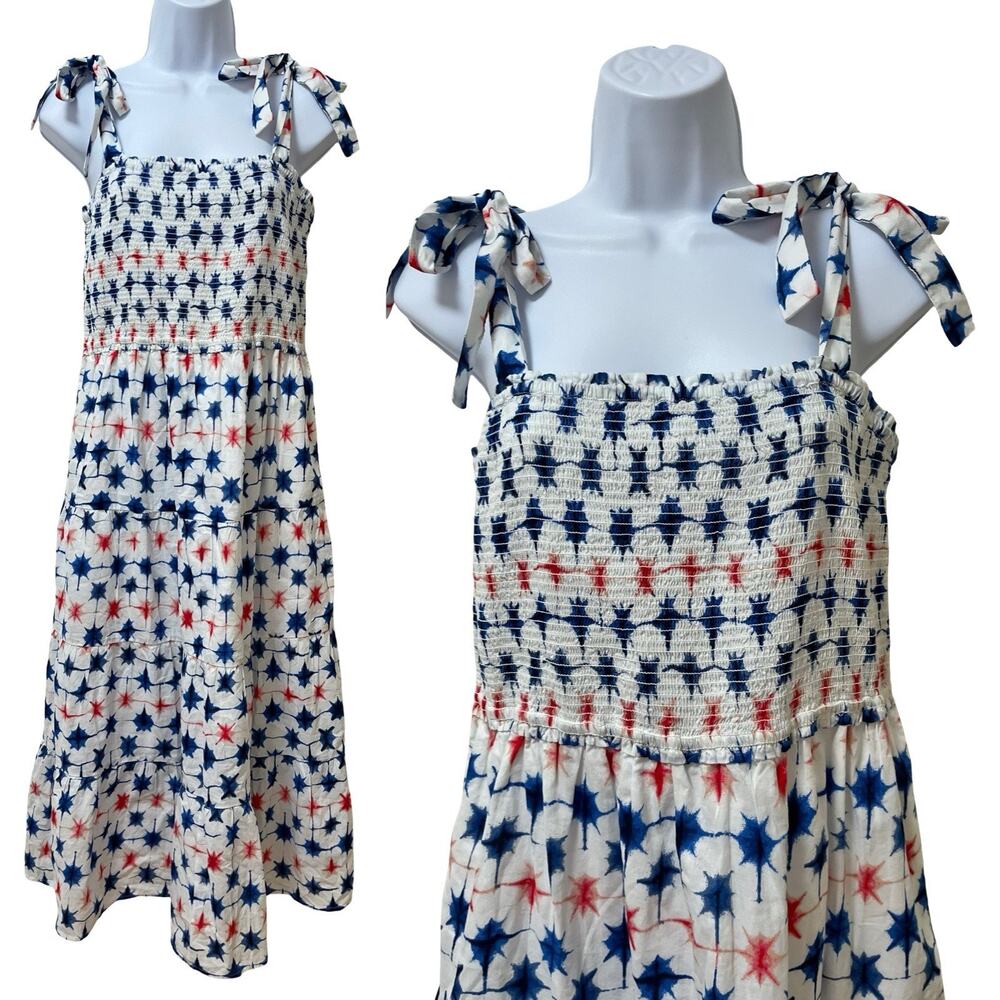 J Crew Smocked Tiered Midi Dress Size S Red White Blue Tie Shoulder Patriotic